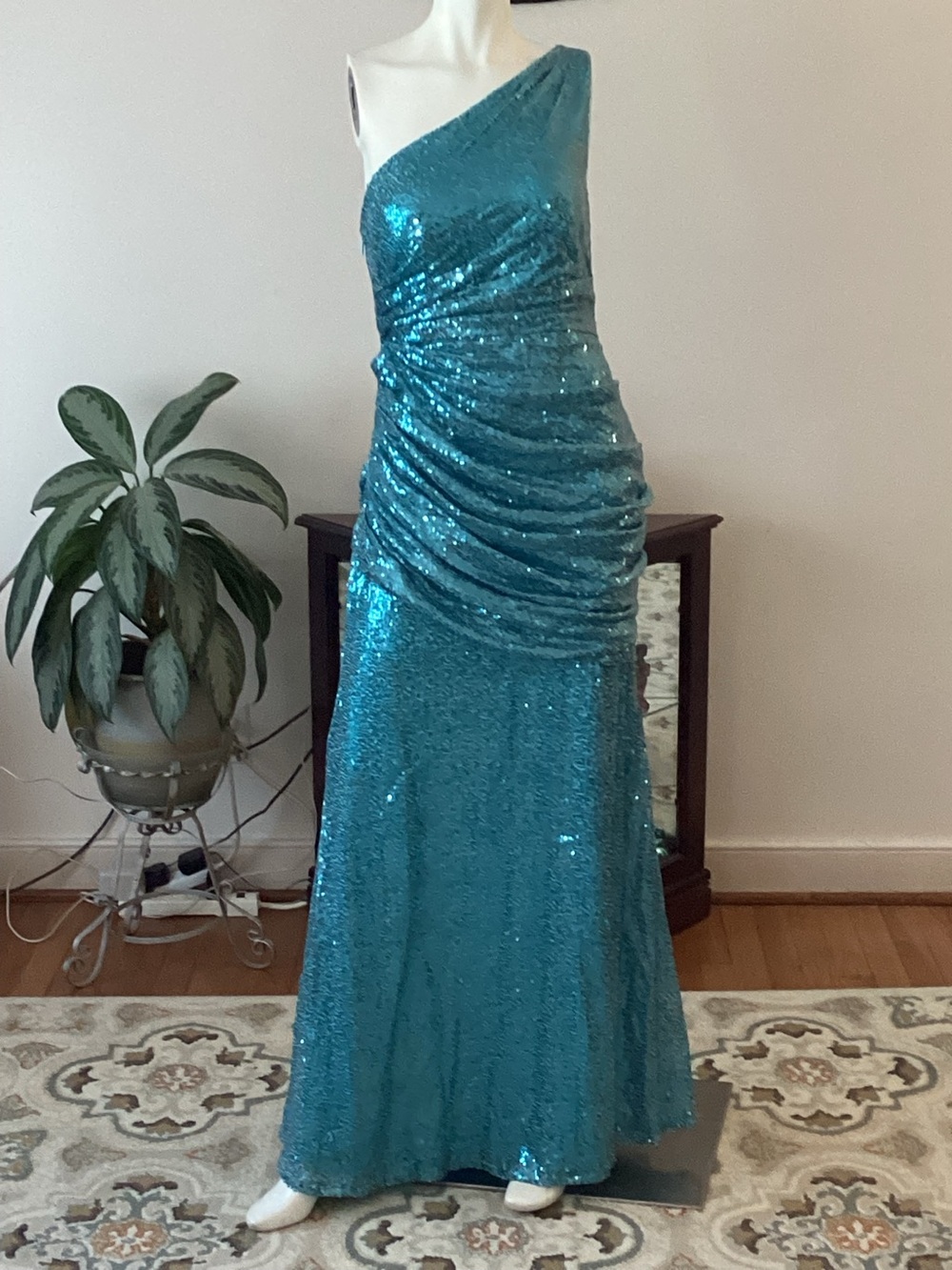 Evening Gown One-Shoulder Teal Sequin